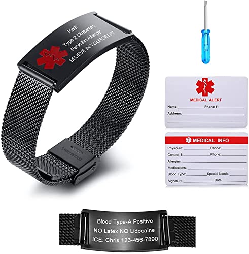 Notfallarmband Medizinisch Damen Personalisiert Uhrenarmband:VNOX Personalisiertes ID Armbänder mit Gravur Verstellbares Medizinischer Armband aus Edelstahl Männer,Rot Schwarz von VNOX