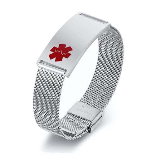 Notfallarmband Medizinisch Damen Personalisiert Uhrenarmband:VNOX Personalisiertes ID Armbänder mit Gravur Verstellbares Medizinischer Armband aus Edelstahl Männer,Rot Silber von VNOX