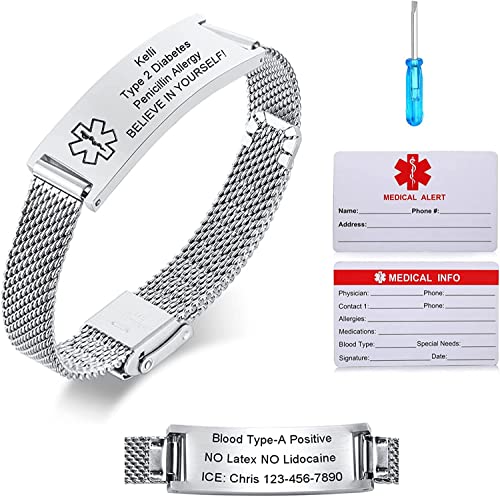 Notfallarmband Medizinisch Damen Personalisiert Uhrenarmband:VNOX Personalisiertes ID Armbänder mit Gravur Verstellbares Medizinischer Armband aus Edelstahl Männer,Silber von VNOX