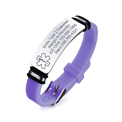 Notfallarmband Medizinisch Mädchen Personalisiert Uhrenarmband:VNOX Personalisiertes Silikon ID Armbänder mit Gravur Verstellbares Medizinischer Armband aus Edelstahl Damen von VNOX