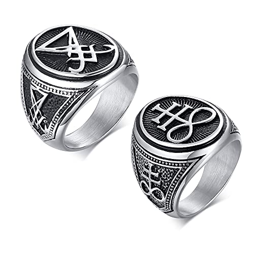 VNOX 2 STÜCK Satanisches Kreuz Ringe Set Siegel des Satans Siegelringe Edelstahl Punk Biker Ring für Männer Religiöse Schmuck Geschenk,Größe 21.4 von VNOX