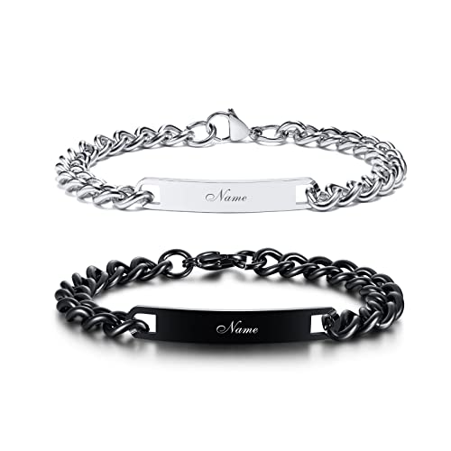 VNOX Personalisierte Gravur Paar Armbänder Personalisierbaren Armbänd Familie Armbänder|Partnerarmband für Paare|Pärchen Armband (2 Stück-Silber&Schwarz-7mm-22.5cm) von VNOX