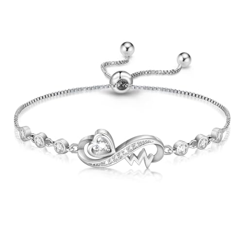 VNOX Armband Damen Unendlichkeitszeichen Silber Herz : Frauen Tennisarmband Silber Einstellbar für 14cm-20cm Handgelenk Damen Zirkonia Armbänder Schmuck Geschenk für Mädchen Mama Freund Tochter von VNOX