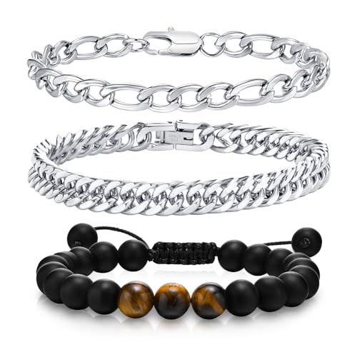 VNOX Armband Für Herren Edelstahl Silber, 2 PCS (21cm, 3 PCS-Stil 2-Silber) von VNOX