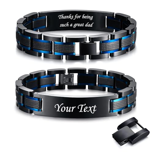 VNOX Armband Herren Gravur Geschenk Blau : Personalisiertes Armband Schwarz Text für Papa Männer Ehemann Frau, Geschenk für ihn Armbänder mit Gravur, Edelstahl Gliederarmband Vatertag Geburtstag von VNOX