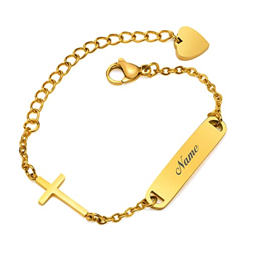 VNOX Baby Kind Armband mit Gravur Edelstahl Gold Personalisierte Armbänder Tochter|Gravierbare Kinderarmkette|Taufarmband Junge Mädel|Kreuz Charme Name Babyarmband Taufgeschenke von VNOX