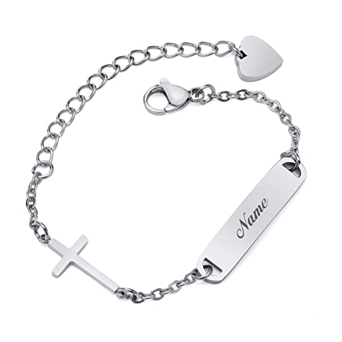 VNOX Baby Kind Armband mit Gravur Edelstahl Silber Personalisierte Armbänder Tochter|Gravierbare Kinderarmkette|Taufarmband Junge Mädel|Kreuz Charme Name Babyarmband Taufgeschenke von VNOX