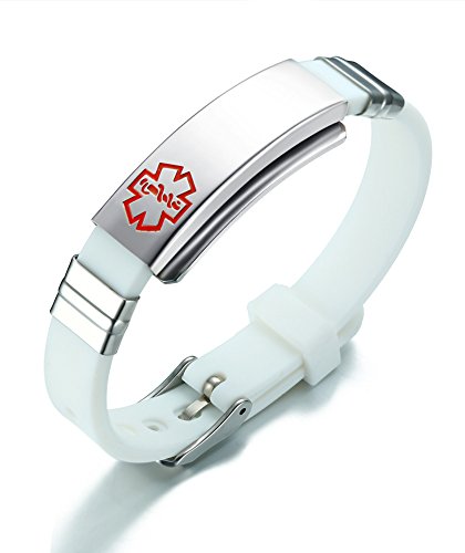 VNOX Freie gravierte Edelstahl Silikon Medical Alert ID SOS Verstellbares Armband für Männer Frauen Weiß von VNOX