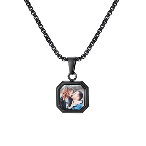 VNOX Halskette Herren Personalisiert, Kette Quadratischer Anhänger Kettenanhänger Mit Bild, Edelstahlkette Schwarzer Necklace Men, Wasserfeste Halskette, Fotogeschenke für Männer von VNOX