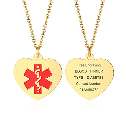 VNOX Herz-Halsketten-Anhänger mit medizinischem Alarm Personalisierte ID Medical Allergie SOS Awareness Schmuck Anpassen Gravierter Name Datum ID Herz Halskette für Frauen,Notfallkarte,50cm Kette,gold von VNOX