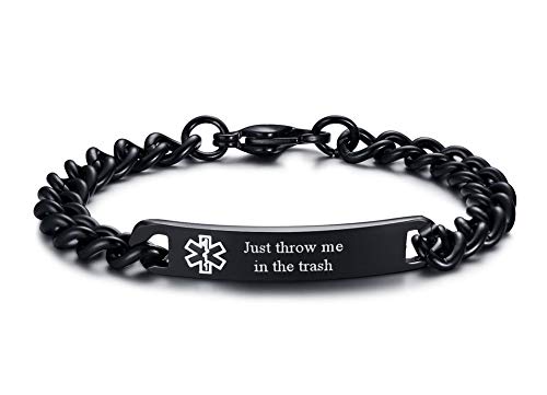 VNOX Just Throw Me in The Trash Herren Damen 8 mm Edelstahl ID-Tag Medizinischer Notfall-Armband, 20,3 cm, Edelstahl von VNOX