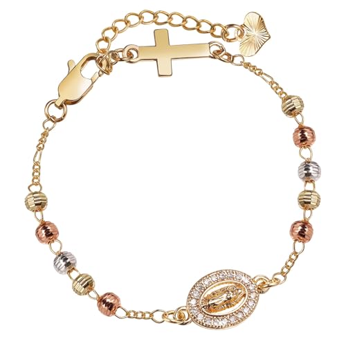 Katholische Kruzifix Geschenke Rosenkranz Armband für Damen – 14K Gold Jungfrau Maria Jesus Kreuz Anhänger Gliederkette, Zierliches Virgen de Guadalupe Religiöses Geschenk zur, Taufe, Erstkommunion von VNOX