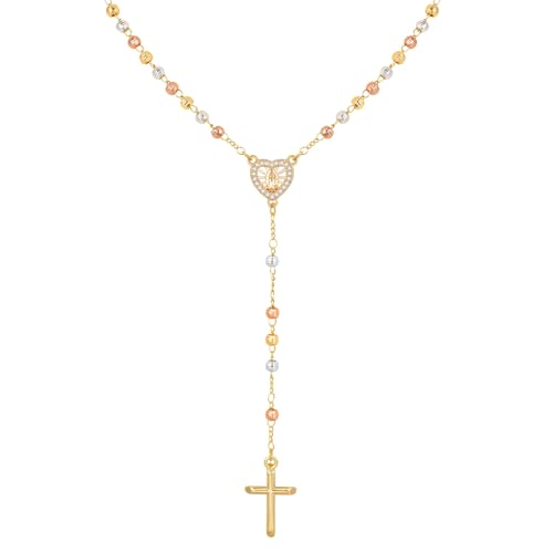 VNOX Kupfermaterial dreifarbige Charge Blumenperlen Zirkon herzförmige Our Lady Marke facettierte Kreuz Halskette Gold von VNOX