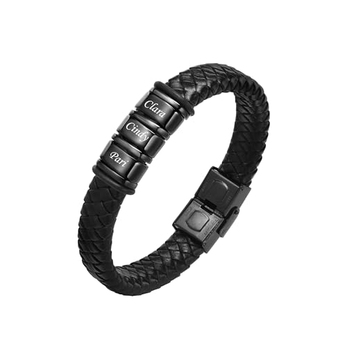 VNOX Herren Armband mit Gravur,Schwarz Lederarmband Herren Handgefertigt Geflochten,Personalisierte Armbänder für Herren,Weihnachtsgeschenke Geschenke für Männer Papa Freund Bruder(01#Black 3) von VNOX