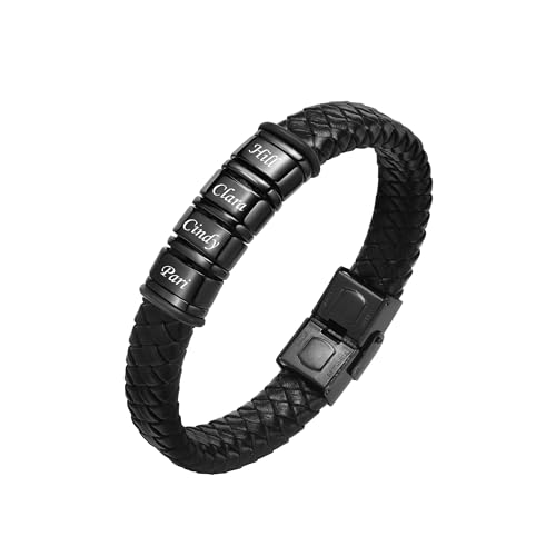 VNOX Herren Armband mit Gravur,Schwarz Lederarmband Herren Handgefertigt Geflochten,Personalisierte Armbänder für Herren,Weihnachtsgeschenke Geschenke für Männer Papa Freund Bruder(01#Black 4) von VNOX