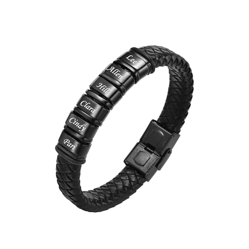 VNOX Herren Armband mit Gravur,Schwarz Lederarmband Herren Handgefertigt Geflochten,Personalisierte Armbänder für Herren,Weihnachtsgeschenke Geschenke für Männer Papa Freund Bruder(01Black 6) von VNOX