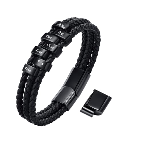 VNOX Herren Armband mit Gravur,Schwarz Lederarmband Herren Handgefertigt Geflochten,Personalisierte Armbänder für Herren,Weihnachtsgeschenke Geschenke für Männer Papa Freund Bruder(02#Black 7) von VNOX