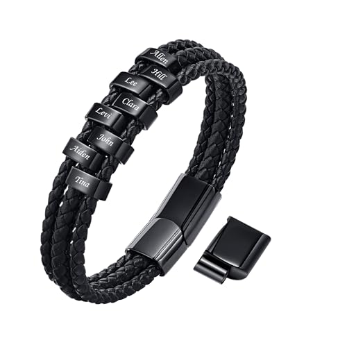 VNOX Herren Armband mit Gravur,Schwarz Lederarmband Herren Handgefertigt Geflochten,Personalisierte Armbänder für Herren,Weihnachtsgeschenke Geschenke für Männer Papa Freund Bruder(02#Black 8) von VNOX