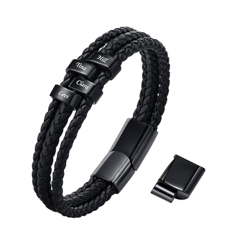 VNOX Herren Armband mit Gravur,Schwarz Lederarmband Herren Handgefertigt Geflochten,Personalisierte Armbänder für Herren,Weihnachtsgeschenke Geschenke für Männer Papa Freund Bruder(02Black 4) von VNOX