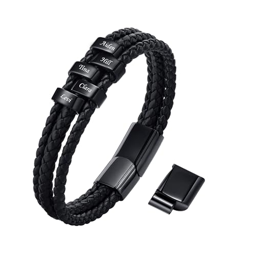 VNOX Herren Armband mit Gravur,Schwarz Lederarmband Herren Handgefertigt Geflochten,Personalisierte Armbänder für Herren,Weihnachtsgeschenke Geschenke für Männer Papa Freund Bruder(02Black 5) von VNOX