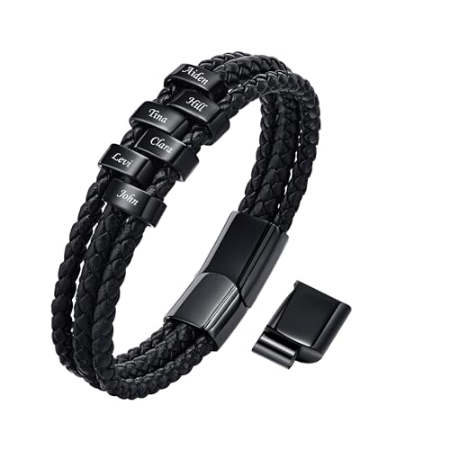 VNOX Herren Armband mit Gravur,Schwarz Lederarmband Herren Handgefertigt Geflochten,Personalisierte Armbänder für Herren,Weihnachtsgeschenke Geschenke für Männer Papa Freund Bruder(02Black 6) von VNOX