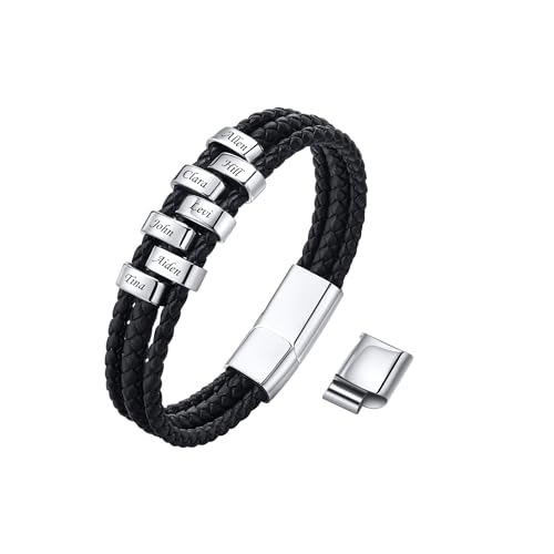 VNOX Herren Armband mit Gravur,Schwarz Lederarmband Herren Handgefertigt Geflochten,Personalisierte Armbänder für Herren,Weihnachtsgeschenke Geschenke für Männer Papa Freund Bruder(02Sliver 7) von VNOX