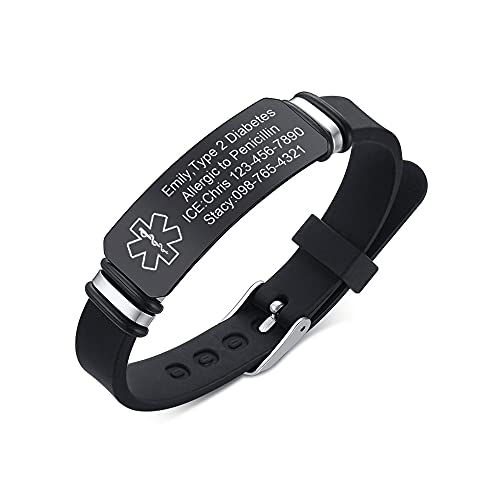 VNOX Medizinische Notfall-Armbänder für Damen und Herren, mit kostenloser Gravur, verstellbar, Edelstahl-Mesh, Notfall-Armbänder, Silikon, Lavastein von VNOX