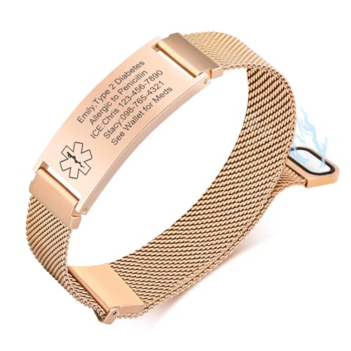 VNOX Medizinisches Alarm-Armband für Männer und Frauen - Personalisierbar mit Gravur, Verstellbares Edelstahl-Geflecht Notfall-Armband mit austauschbarer Medaillon-Plakette von VNOX