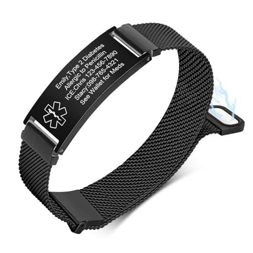 VNOX Medizinisches Alarm-Armband für Männer und Frauen - Personalisierbar mit Gravur, Verstellbares Edelstahl-Geflecht Notfall-Armband mit austauschbarer Medaillon-Plakette von VNOX