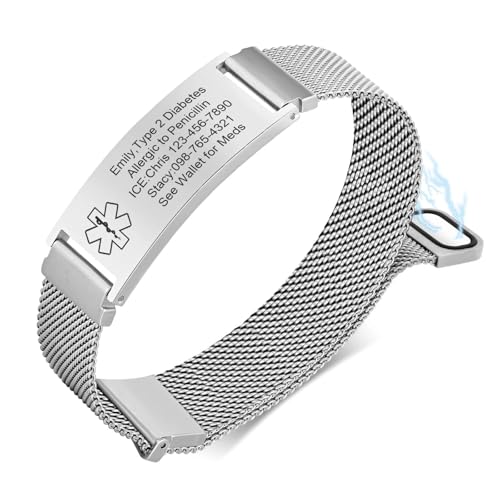 VNOX Medizinisches Alarm-Armband für Männer und Frauen - Personalisierbar mit Gravur, Verstellbares Edelstahl-Geflecht Notfall-Armband mit austauschbarer Medaillon-Plakette von VNOX
