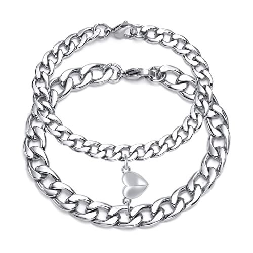 VNOX Paar Armbänder Geschenk Partnerarmbänder : Pärchen Armband Silber mit Herzanhänger Herren Damen Cuban Ketten Edelstahl Armkette Geschenk zum Valentinstag für Ihn Freund, Freundin von VNOX