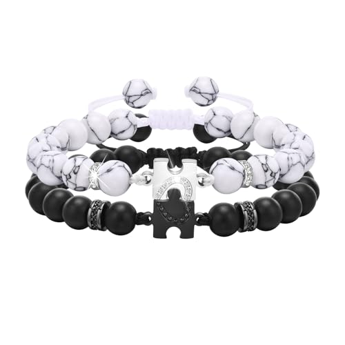 VNOX Paar Armband Herren Damen Geschenk : Perlen Armbänder für Männer Schwarz Silber 21cm Länge Schmuck für Tocher Freund Ehemann Ich Liebe Dich von VNOX