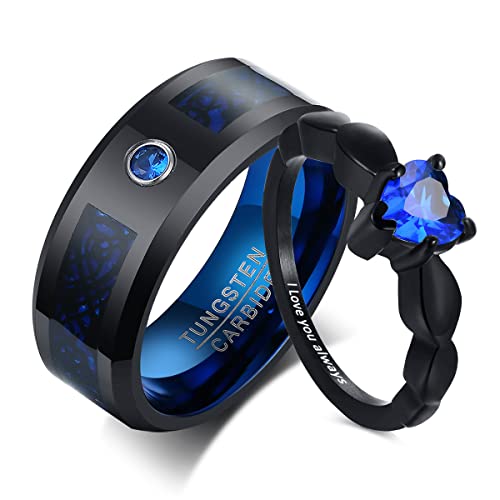 VNOX Paar Ringe Set Edelstahl mit Gravur Zirkon Herrenring Wolframstahl Blau Hochzeitsring mit Zirkon Personalisiert Freundschaftsringe Partnerringe mit Graviert für Männer Frauen von VNOX