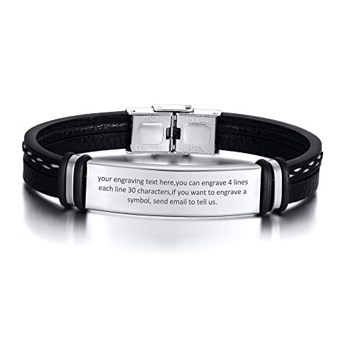 VNOX Personalisieren Anpassen Gravur Edelstahl Schwarz Leder ID Armband Inspirierend Mut Zitat Nachricht an Männer Armbänder an Vater/BF/Liebe,Geburtstag Vatertagsgeschenk,Idee an Männer von VNOX