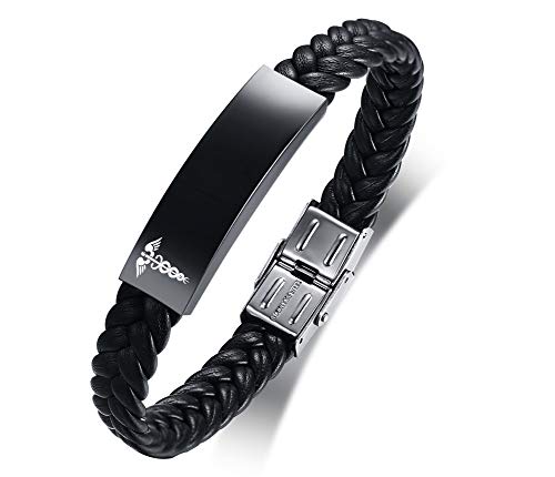 VNOX Personalisiert Fertigen Sie Edelstahl-Leder Besonders an Medizinischer Alarm Armband Stern des Lebens Medizinisches Lederarmband für Männer Frauen,21.5cm, Verstellbar von VNOX