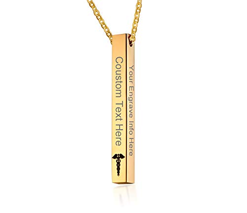 VNOX Personalisierte Edelstahl 4 Seitige Caduceus Medical Alert Symbol Anhänger Vertikale Bar Halskette für Frauen Mädchen, Freies Gravur von VNOX