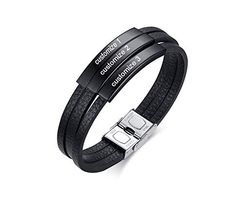 VNOX Personalisierte Gravur Lederarmband für Männer Edelstahl Name ID Schwarzes Armband Schwarzes Lederband mit 3 kostenlosen Gravuren Armband Geschenk Mann, 20.5cm von VNOX