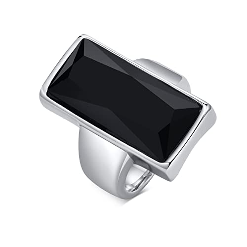 VNOX Ring rechteckiges Kristallglas, weiblicher Edelstahl (10, Schwarzes Silber) von VNOX