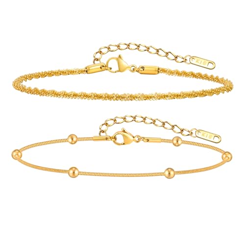 VNOX Fussketten für Frauen – Damen Fußkette Edelstahl, Doppellagig mit Herz Anhänger, Verstellbar 21 + 5 cm, mit Starkem Karabinerverschluss – Geschenk für Frauen/Mutter/Mama –18K Goldfarben von VNOX