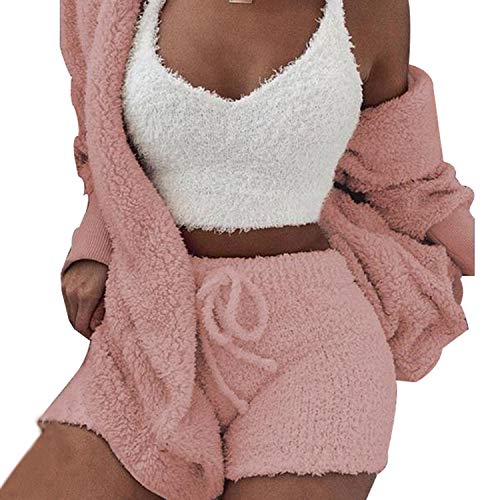 Damen Sexy Flauschig Warm Sherpa Fleece 3-teiliges Outfit Fleece Mantel Jacke Outwear und Spaghettiträger Crop Top Shorts Set - Grau - Mittel von VNVNE