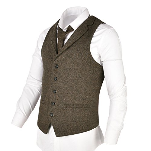 VOBOOM Herren Herringbone Tailored Kragen Weste Verteidiger Wolle Tweed Anzug Weste Klein Khaki von VOBOOM