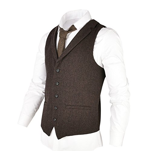 VOBOOM Herren Herringbone Tailored Kragen Weste Verteidiger Wolle Tweed Anzug Weste groß Kaffee von VOBOOM