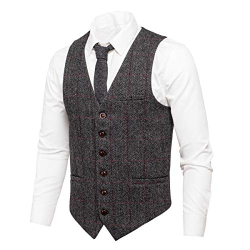 VOBOOM Herren Slim Fit Fischgräten-Tweed Anzüge Weste Premium Wollmischung Weste - Rot - XX-Large von VOBOOM
