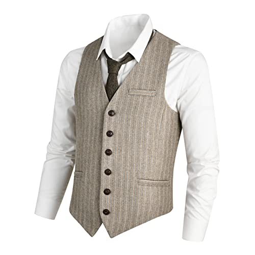 VOBOOM Herren Slim Fit Fischgräten-Tweed Anzugweste Premium Wollmischung Weste, Gestreiftes helles Khaki, XX-Large von VOBOOM