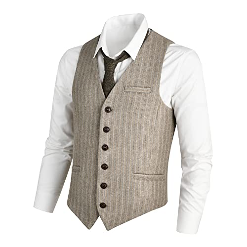 VOBOOM Herren Slim Fit Fischgräten-Tweed Anzugweste Premium Wollmischung Weste, Gestreiftes helles Khaki, XXX-Large von VOBOOM