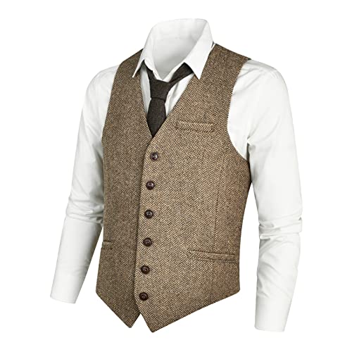 VOBOOM Herren Slim Fit Fischgräten-Tweed Anzugweste Premium Wollmischung Weste, Hellkhaki, Large von VOBOOM