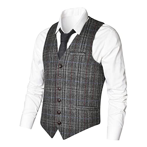 VOBOOM Herren Slim Fit Fischgräten-Tweed Anzugweste Premium Wollmischung Weste, Plaid Grey 2, XXX-Large von VOBOOM