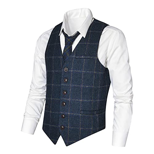 VOBOOM Herren Slim Fit Herringbone Tweed Anzüge Weste Premium Wollmischung Weste, Blau, Large von VOBOOM