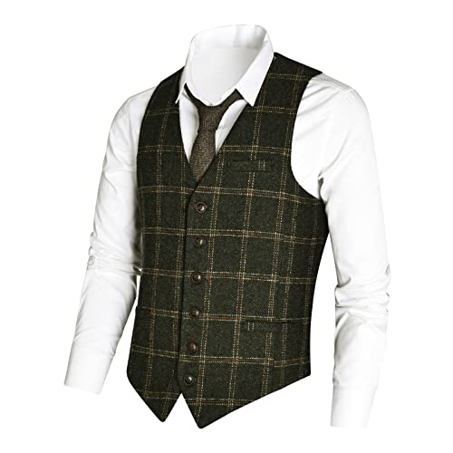 VOBOOM Herren Slim Fit Herringbone Tweed Anzüge Weste Premium Wollmischung Weste, kariert grün, Large von VOBOOM
