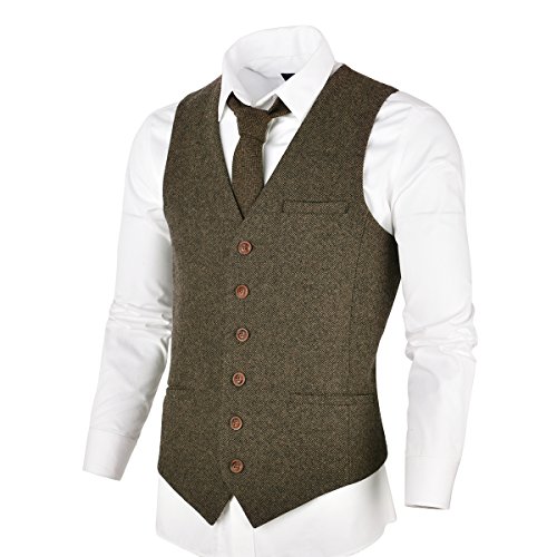 VOBOOM Herren Slim Fit Tweed Anzug Premium Weste aus Wollmischung mit Fischgrätmuster MEHRWEG, L, Khaki von VOBOOM